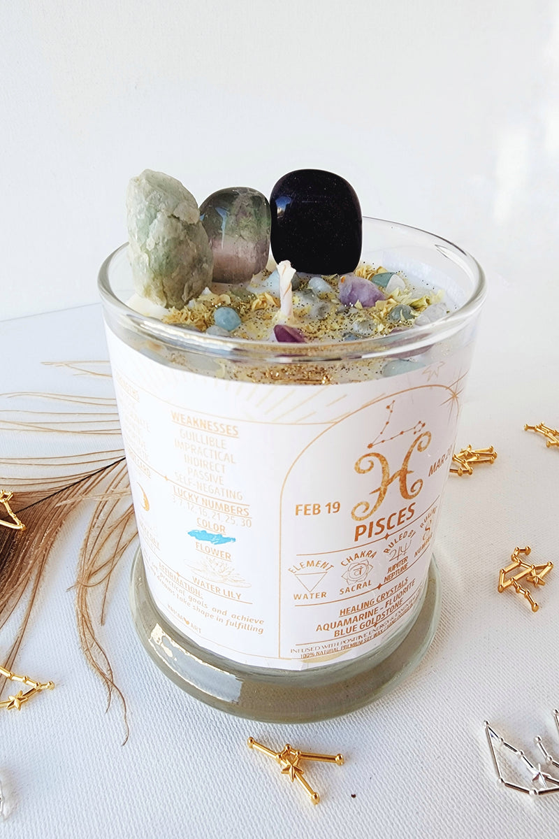 PISCES zodiac candle with healing crystals and constellation astrology charm