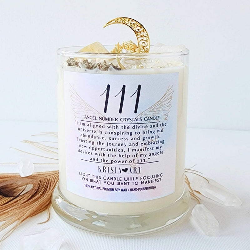 111 ANGEL NUMBER CANDLE with crystals & angel message