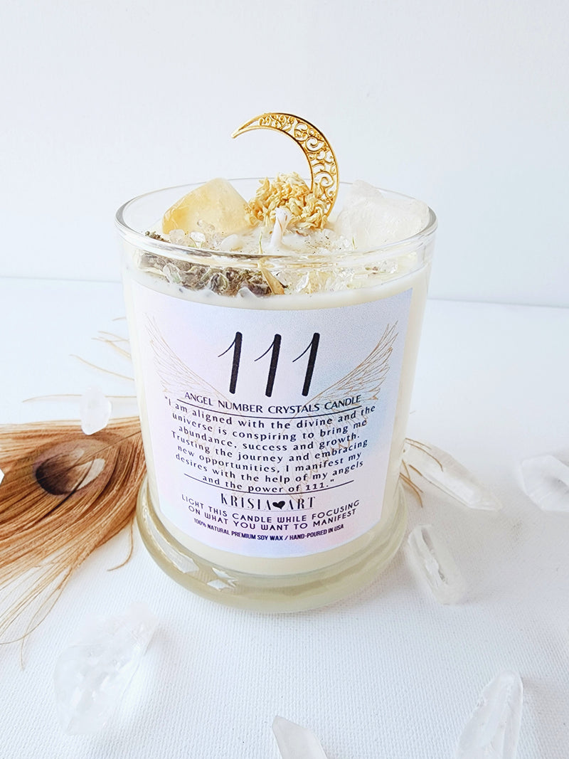 111 ANGEL NUMBER CANDLE with crystals & angel message