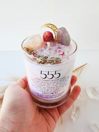 555 ANGEL NUMBER CANDLE with crystals & angel message