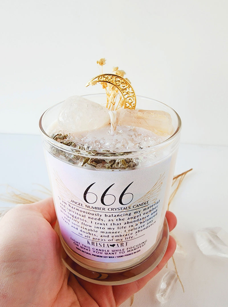 666 ANGEL NUMBER CANDLE with crystals & angel message