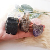 HOME PROTECTION crystal set for negative energy removal, cleansing, and purification. Amethyst, Black tourmaline, Rose quartz, Smoky quartz