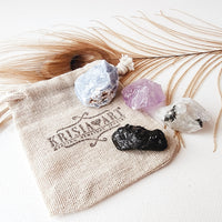 SAFE TRAVELS crystal set for protection, peace, safety, calming anxiety traveling. Amethyst, Rainbow Moonstone, Black Tourmaline, and Angelite