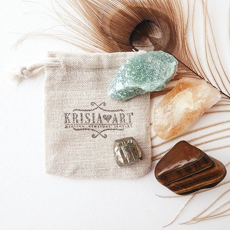 MONEY & ABUNDANCE crystal set for attracting wealth, abundance, manifesting prosperity and success. Citrine, Pyrite, Tiger's Eye, Green Aventurine