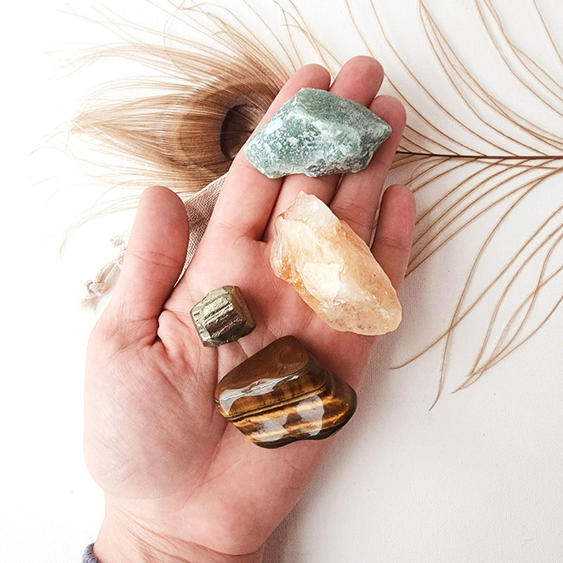 MONEY & ABUNDANCE crystal set for attracting wealth, abundance, manifesting prosperity and success. Citrine, Pyrite, Tiger's Eye, Green Aventurine