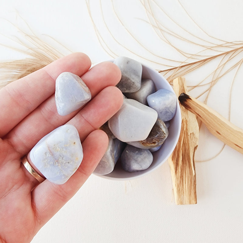 BLUE CHALCEDONY tumbled stone for self-expression, reducing stress, balance