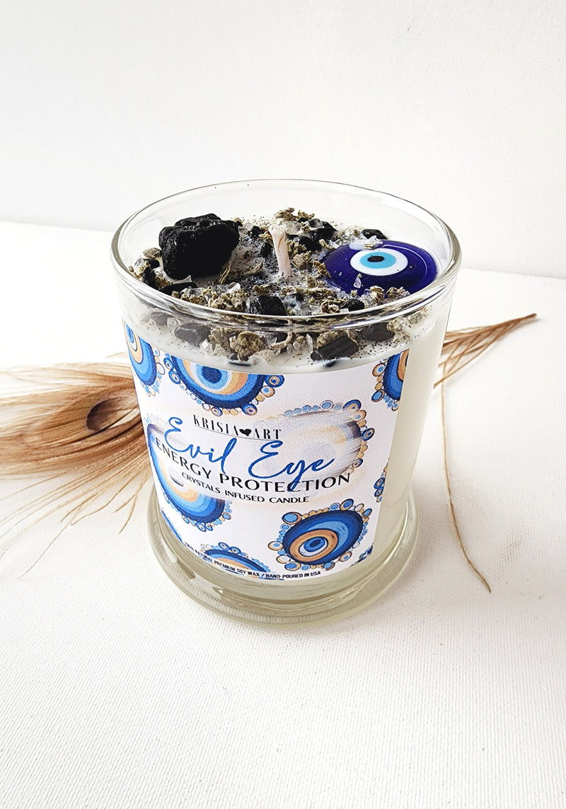 EVIL EYE PROTECTION candle for negative energy removal with Clear Quartz and Black Tourmaline