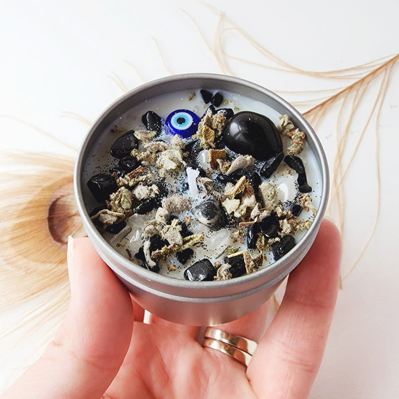 EVIL EYE PROTECTION candle for negative energy removal with Clear Quartz and Black Tourmaline