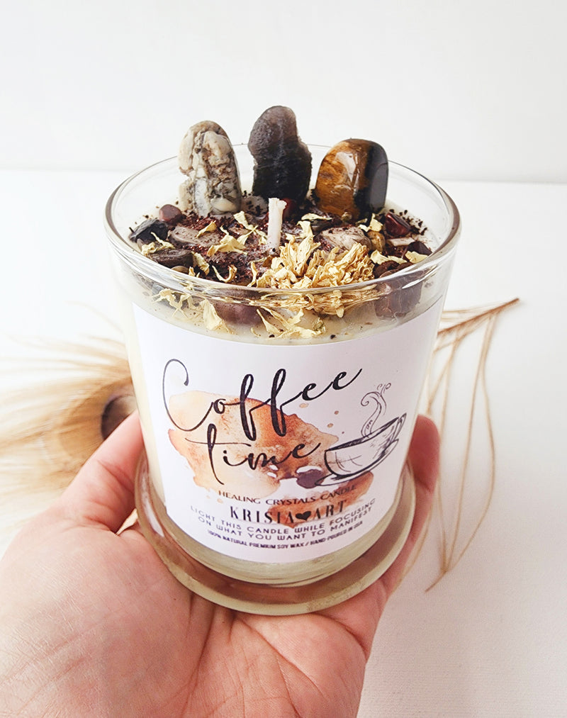 COFFEE TIME crystal candle with healing crystals and herbs for peace with petrified wood, smoky quartz, white opal