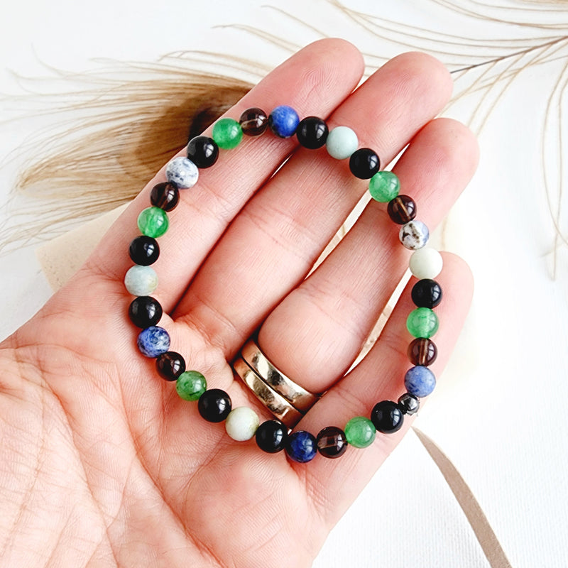 ELECTROMAGNETIC SMOG & EMF Shield intention bracelet for protection - Green Aventurine, Smoky Quartz, Sodalite, Black Tourmaline, Shungite, Amazonite / 6mm