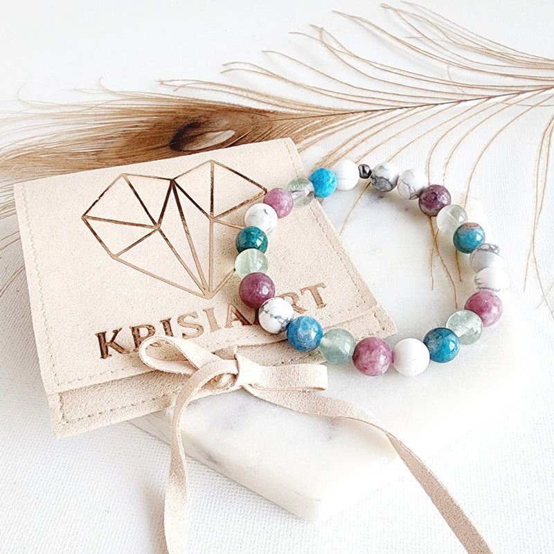 FOCUS-LEARNING-CONCENTRATION intention bracelet exam success, studying aid - Fluorite, Lepidolite, Apatite, White Howlite / 8mm