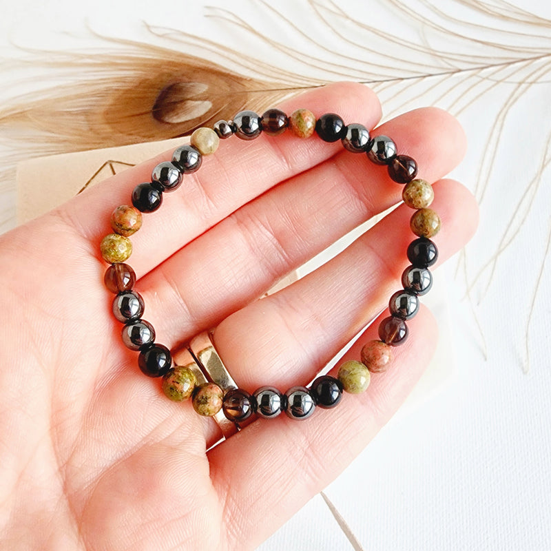 GROUNDING intention bracelet for balance & inner peace, connection to earth energy, stability, resilience, strength - Hematite, Black Tourmaline, Smoky Quartz, Unakite / 6mm