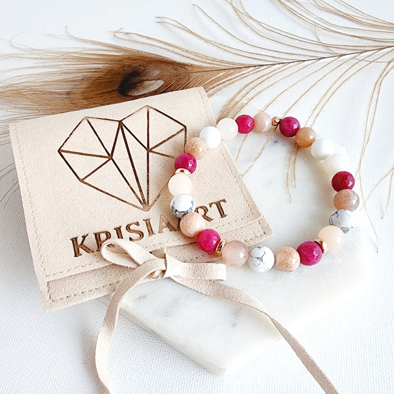 POSITIVE ENERGY crystal intention bracelet for good vibes only & manifesting positivity - Ruby Jade, Pink Opal, Sunstone / 8mm