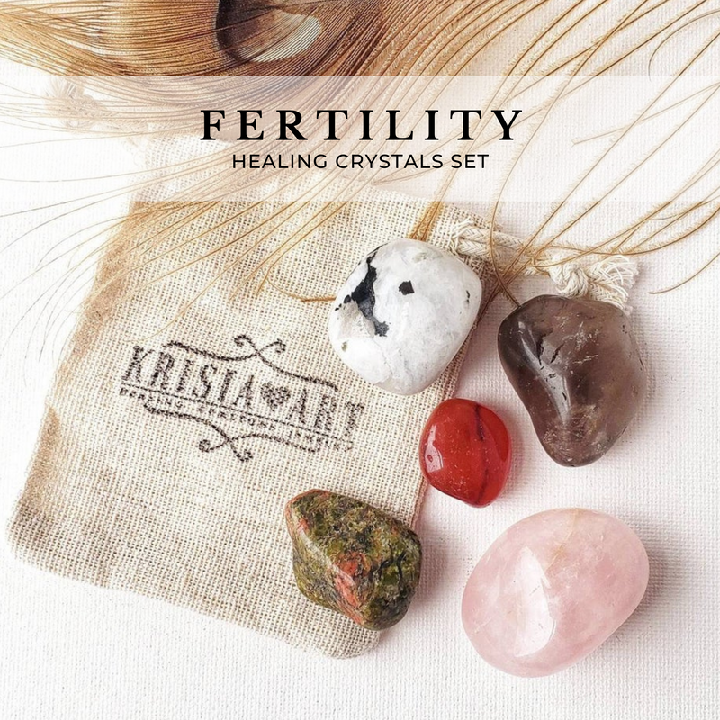 FERTILITY crystals set for pregnancy meditation and infertility conception ivf invitro spiritual support. Rose quartz, Unakite, Carnelian, Moonstone, Smoky quartz.