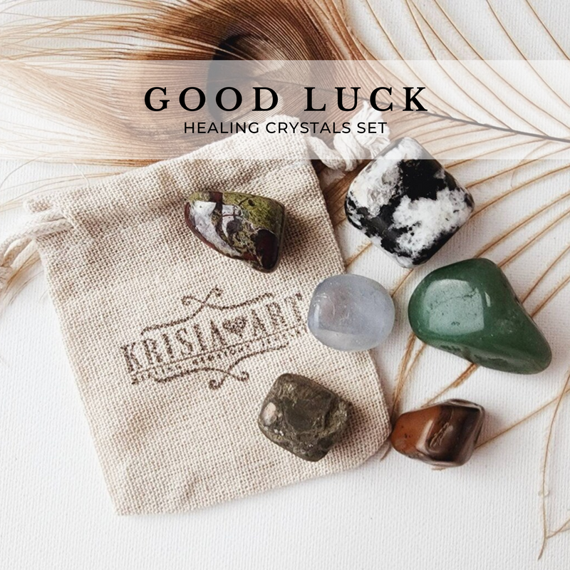 GOOD LUCK crystal set for attracting success, prosperity, wealth, good fortune opportunities, happiness, gambling & lottery luck. Tourmalinated Quratz, Green Aventurine, Pyrite, Tiger's Eye, Celestite, Dragon's Bloodstone.