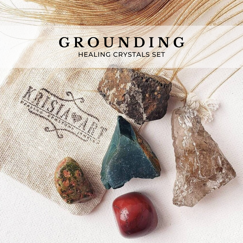 GROUNDING crystal set for balance & inner peace. Hematite, Red Jasper, Smoky Quartz, Bloodstone, Unakite 