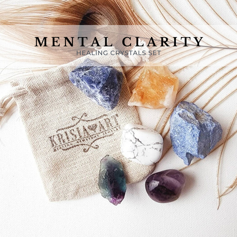 MENTAL CLARITY crystal set for mental focus, clear mind, self-discipline. White Howlite, Sodalite, Dumortierite, Citrine, Amethyst, and Fluorite