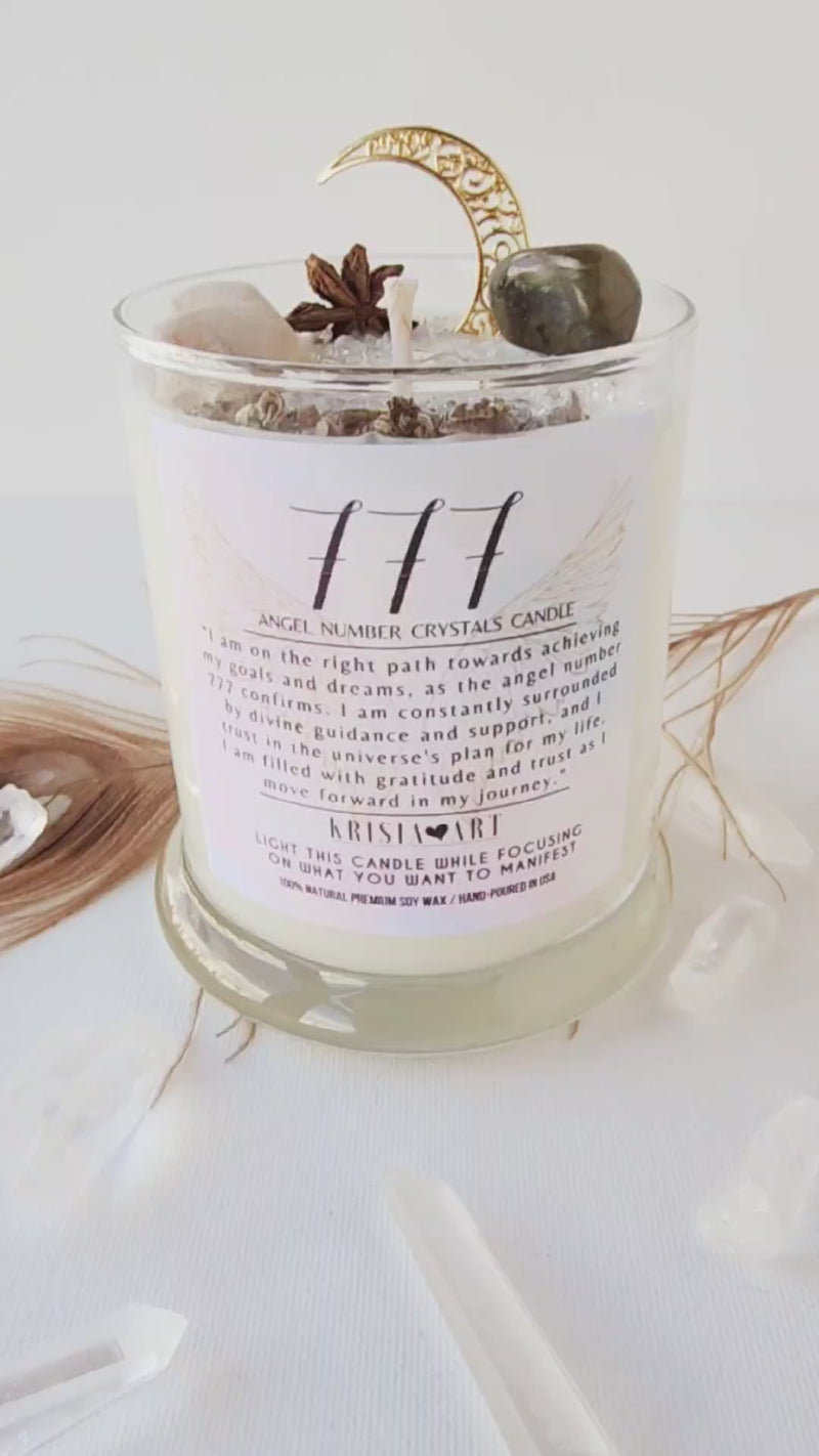 777 ANGEL NUMBER CANDLE with crystals & angel message