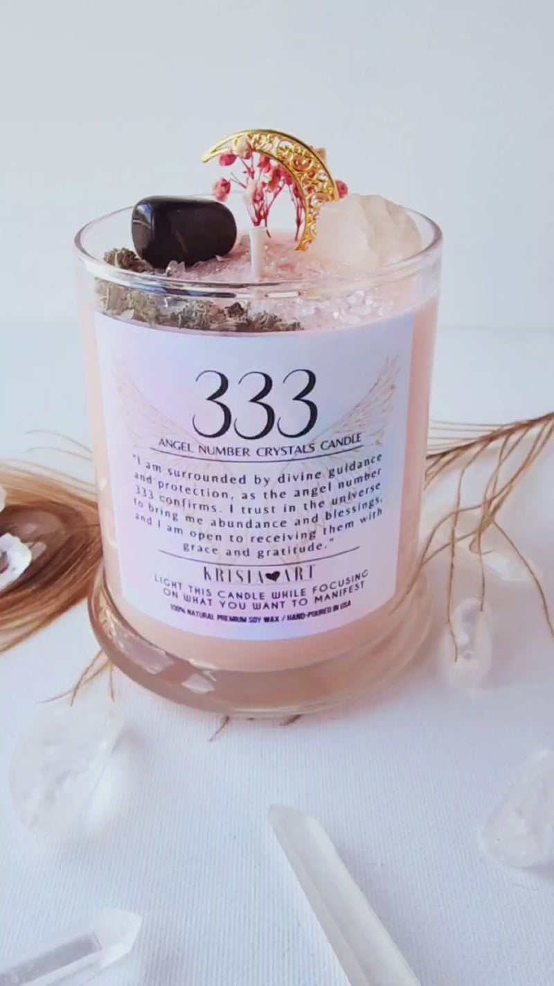 333 ANGEL NUMBER CANDLE with crystals & angel message