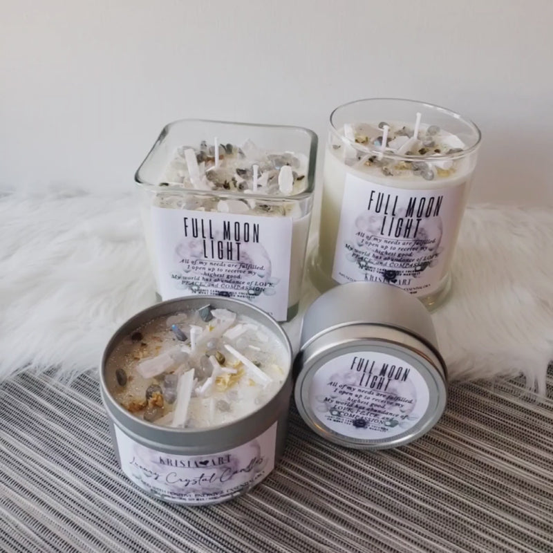 FULL MOON candle for cleansing, recharging, manifestation and meditation with Moonstone & Selenite