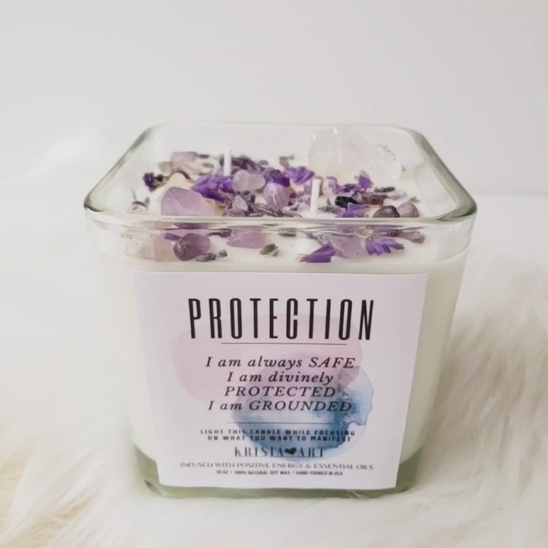 PROTECTION candle for negative energy removal, cleansing and EMF protection with Amethyst and Clear Quartz