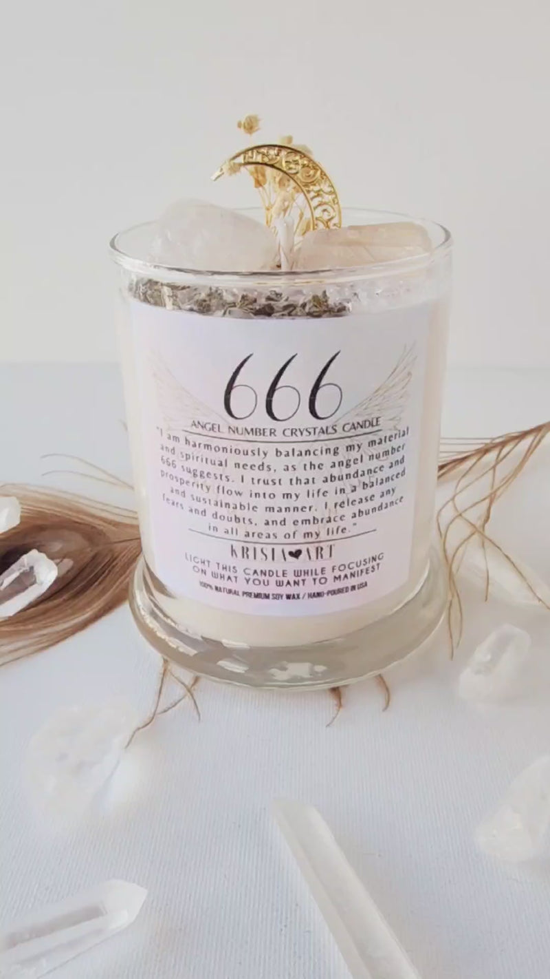 666 ANGEL NUMBER CANDLE with crystals & angel message