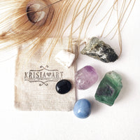 ANXIETY RELIEF crystals set for calming stress, soothing, and mental health balance. Amethyst, Fluorite, Labradorite, Angelite, Magnesite, Onyx