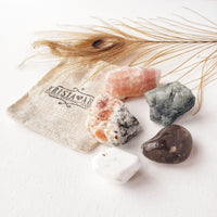 POSITIVE ENERGY healing crystals set for positive vibes, peace, blessing & protection. Strawberry Calcite, Emerald, Magnesite, Smoky Quartz, Sunstone.