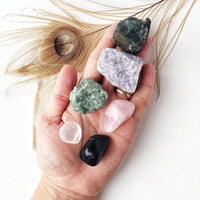 DISPEL NEGATIVITY crystal set for negative energy removal & protection from evil shield. Hematite, Lepidolite, Rose quartz, Clear quartz, Emerald, Rainbow obsidian.