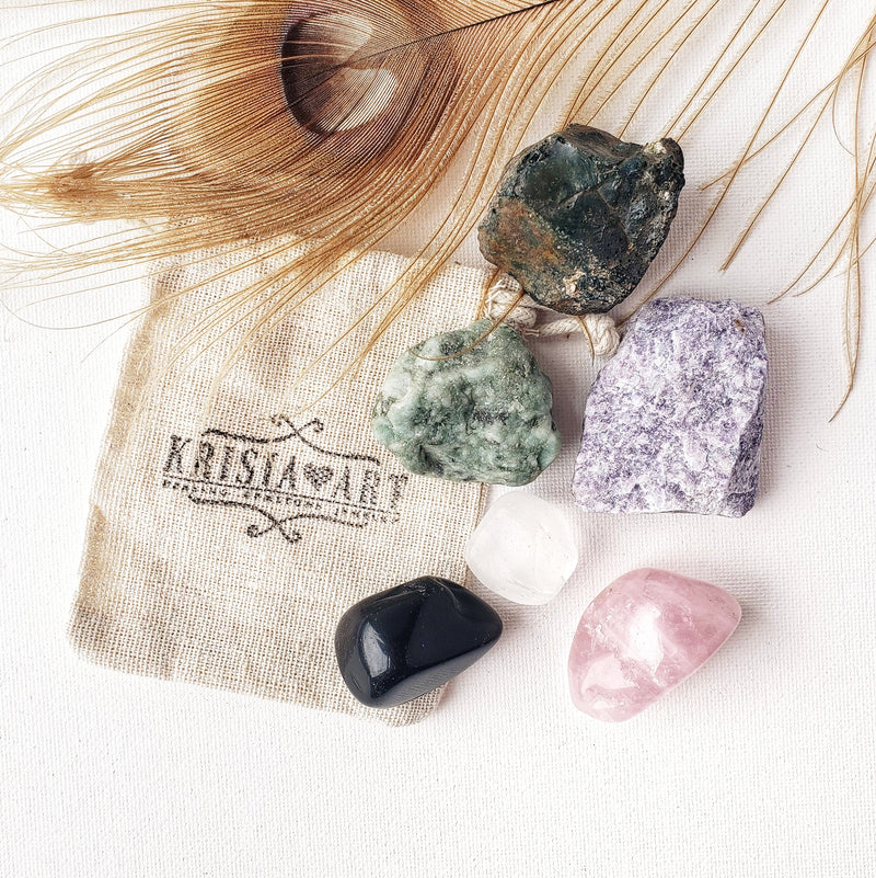 DISPEL NEGATIVITY crystal set for negative energy removal & protection from evil shield. Hematite, Lepidolite, Rose quartz, Clear quartz, Emerald, Rainbow obsidian.