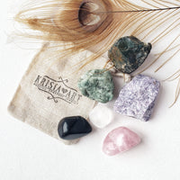 DISPEL NEGATIVITY crystal set for negative energy removal & protection from evil shield. Hematite, Lepidolite, Rose quartz, Clear quartz, Emerald, Rainbow obsidian.