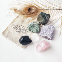 DISPEL NEGATIVITY crystal set for negative energy removal & protection from evil shield. Hematite, Lepidolite, Rose quartz, Clear quartz, Emerald, Rainbow obsidian.