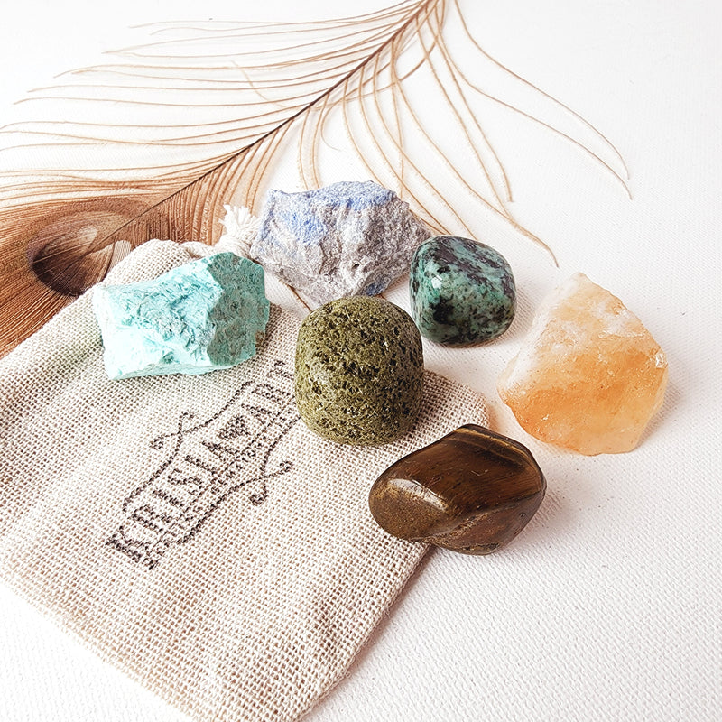 SHYNESS & SOCIAL ANXIETY healing crystals set for introverts and discomfort around people. Tiger's eye, Citrine, Dumortierite, Epidote, Turquoise, African Turquoise