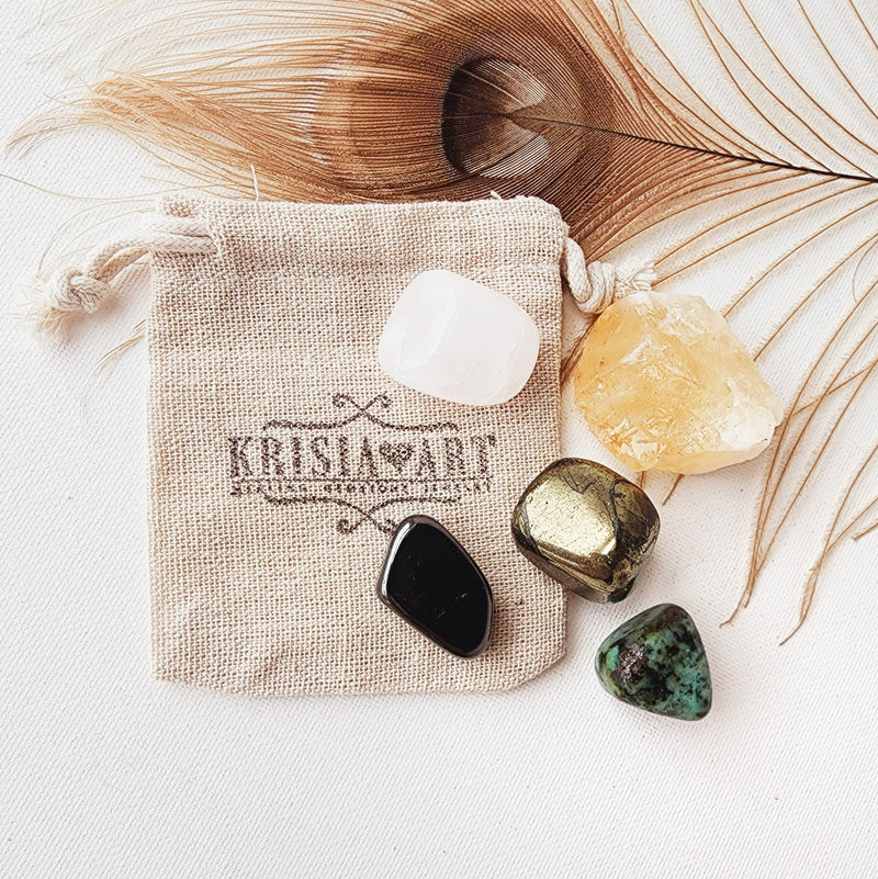 SELF-ESTEEM & SELF-WORTH crystal set for self-love, self-confidence and solar plexus chakra meditation. Citrine, Magnetic Hematite, African Turquoise, Pink Calcite, Chalcopyrite