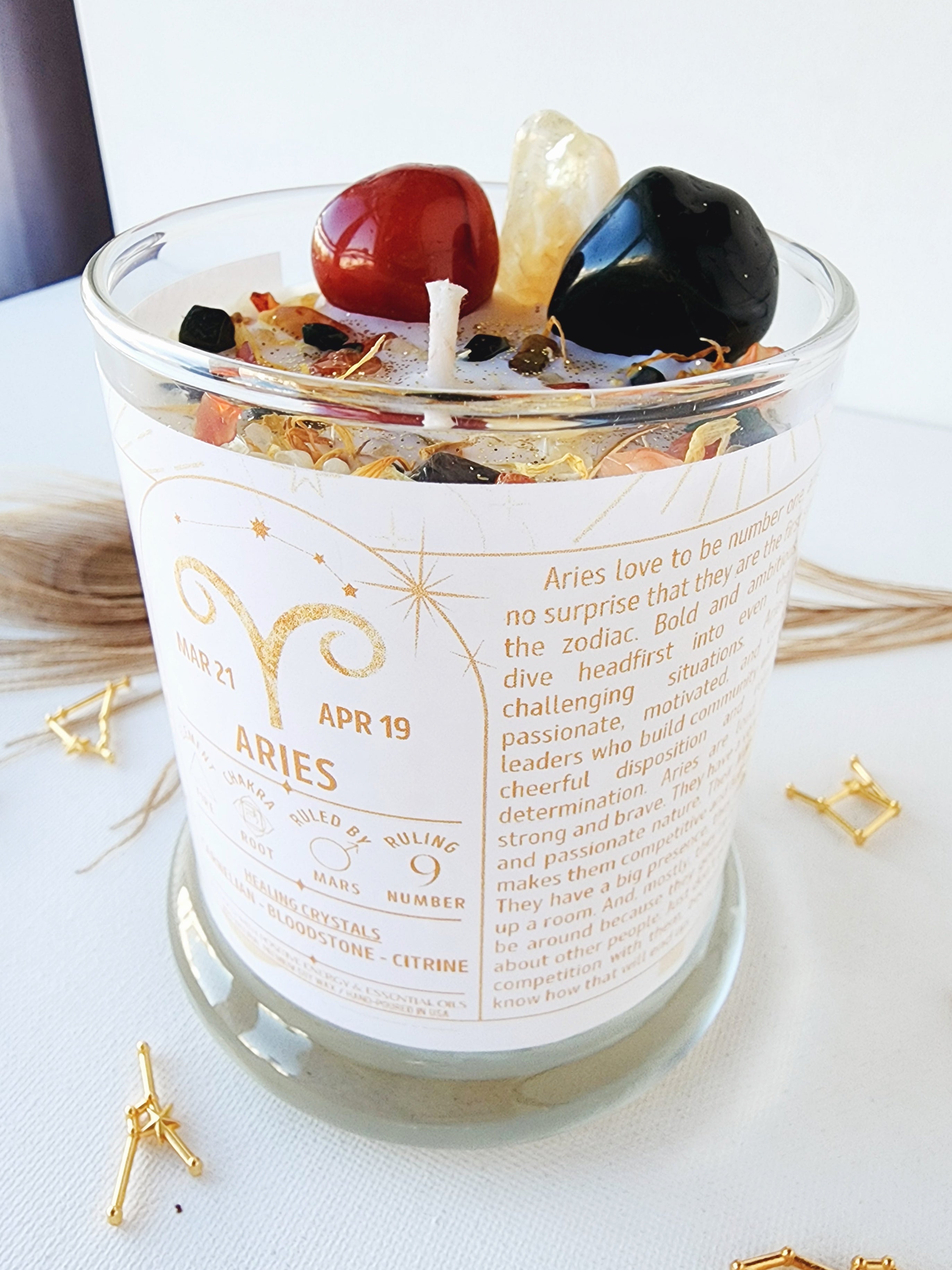 ARIES zodiac candle with healing crystals and constellation