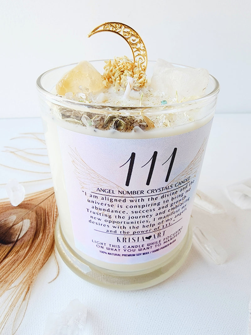 111 ANGEL NUMBER CANDLE with crystals & angel message