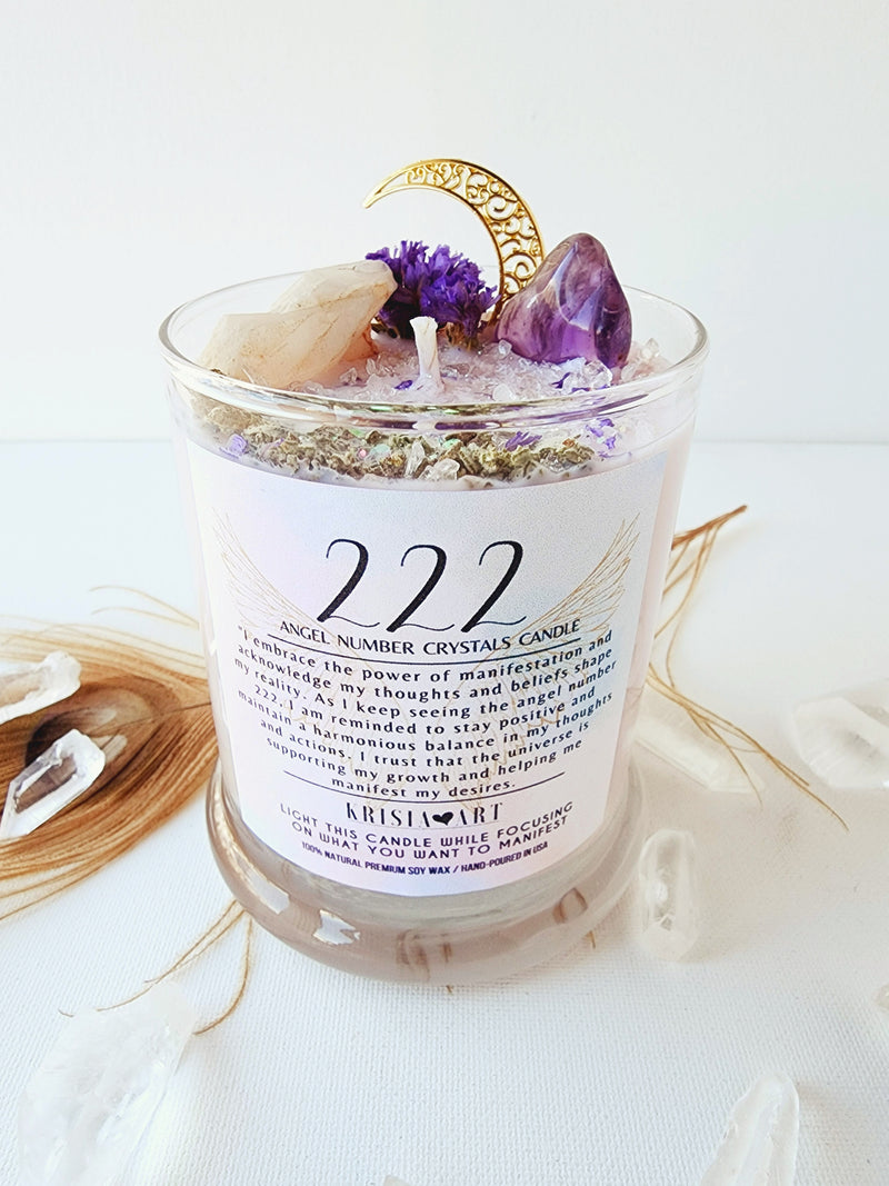 222 ANGEL NUMBER CANDLE with crystals & angel message