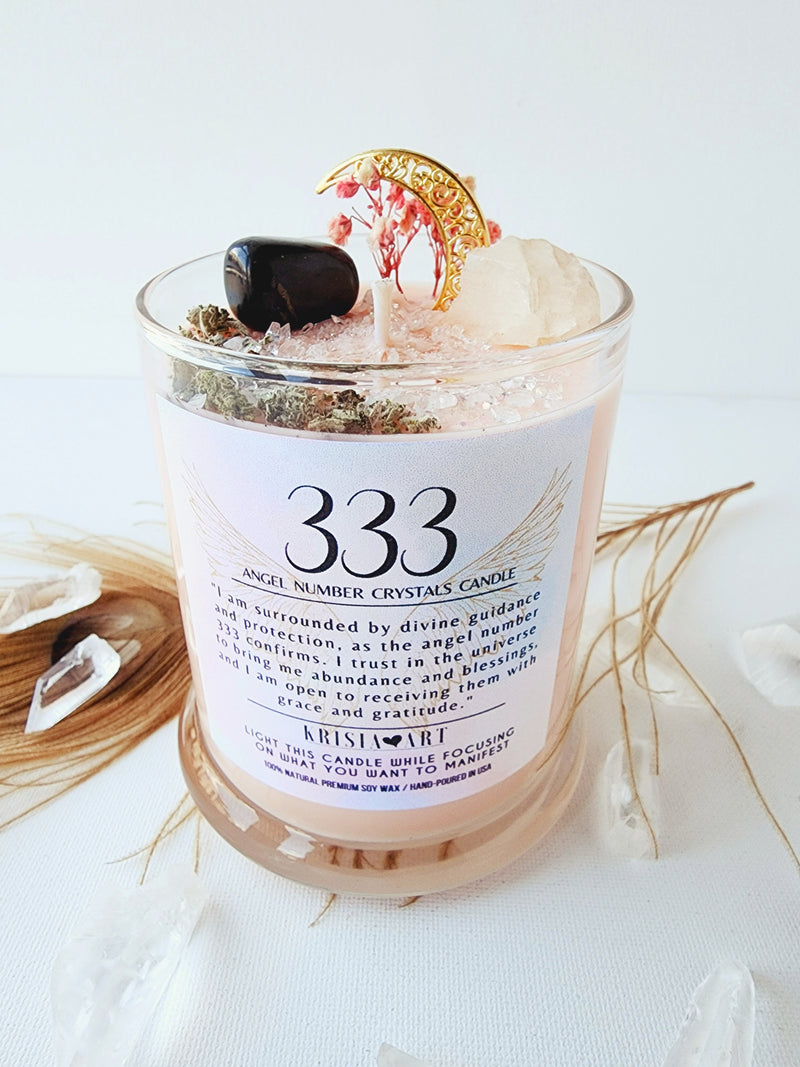 333 ANGEL NUMBER CANDLE with crystals & angel message