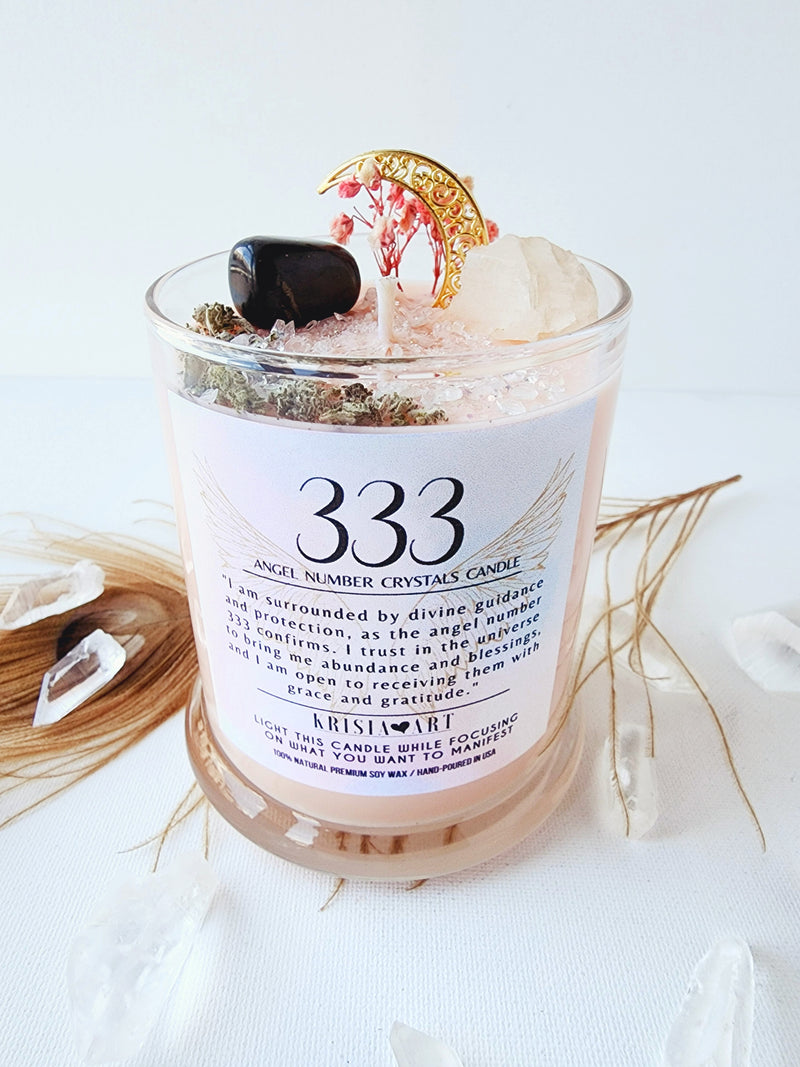 333 ANGEL NUMBER CANDLE with crystals & angel message