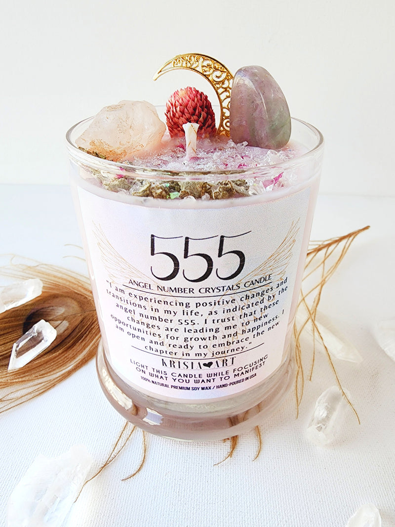 555 ANGEL NUMBER CANDLE with crystals & angel message