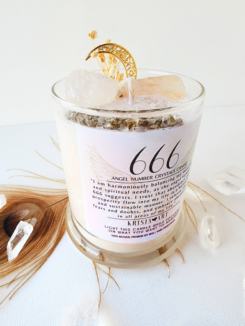 666 ANGEL NUMBER CANDLE with crystals & angel message