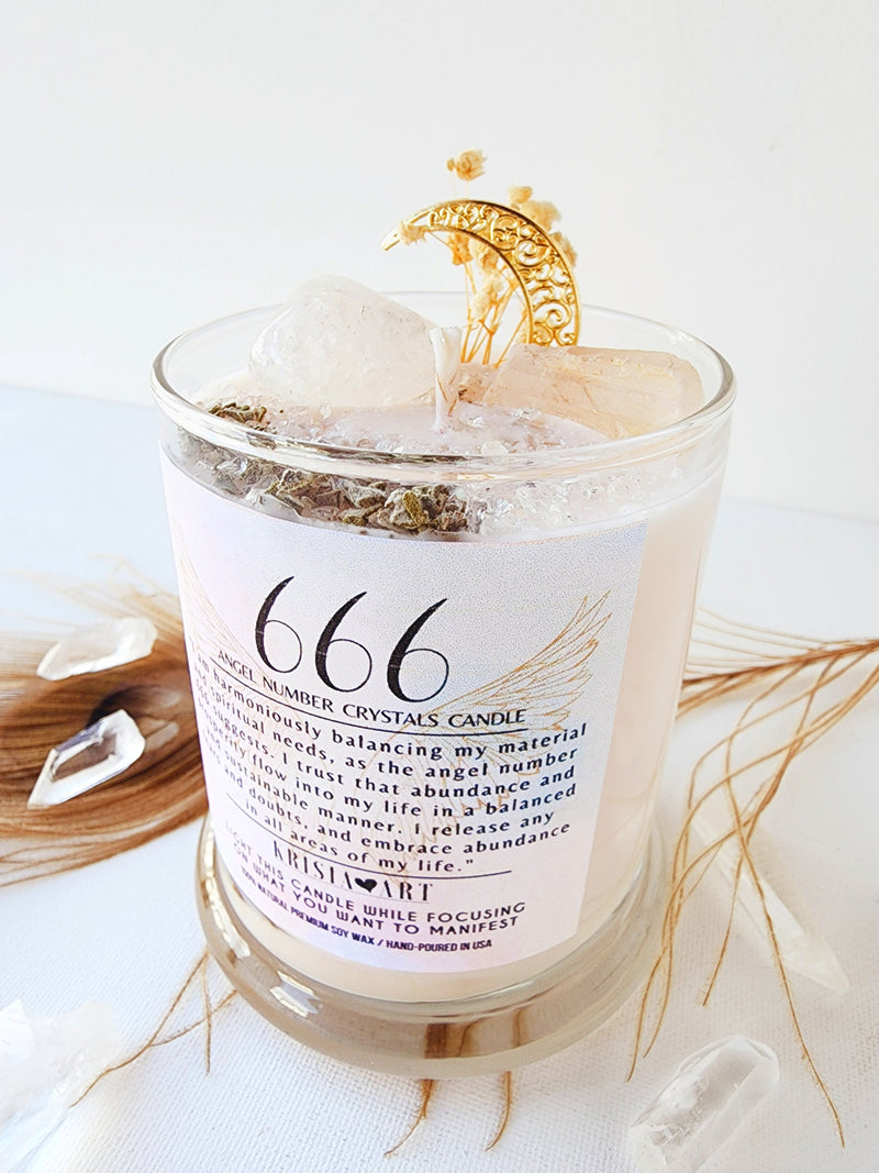 666 ANGEL NUMBER CANDLE with crystals & angel message