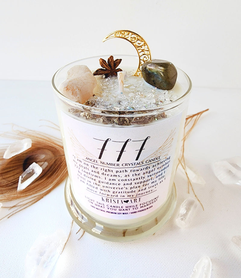 777 ANGEL NUMBER CANDLE with crystals & angel message