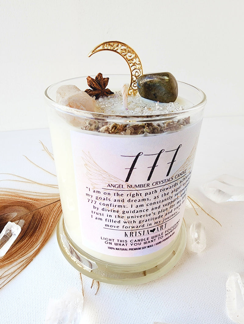 777 ANGEL NUMBER CANDLE with crystals & angel message