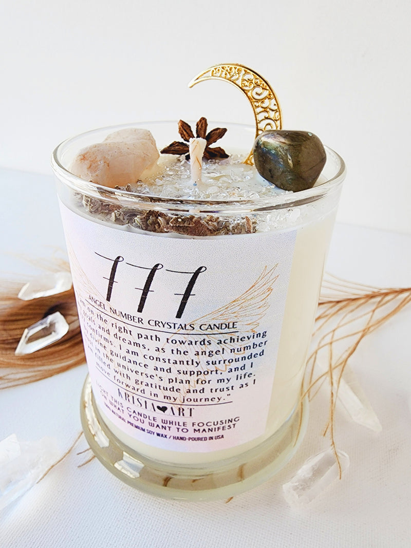 777 ANGEL NUMBER CANDLE with crystals & angel message