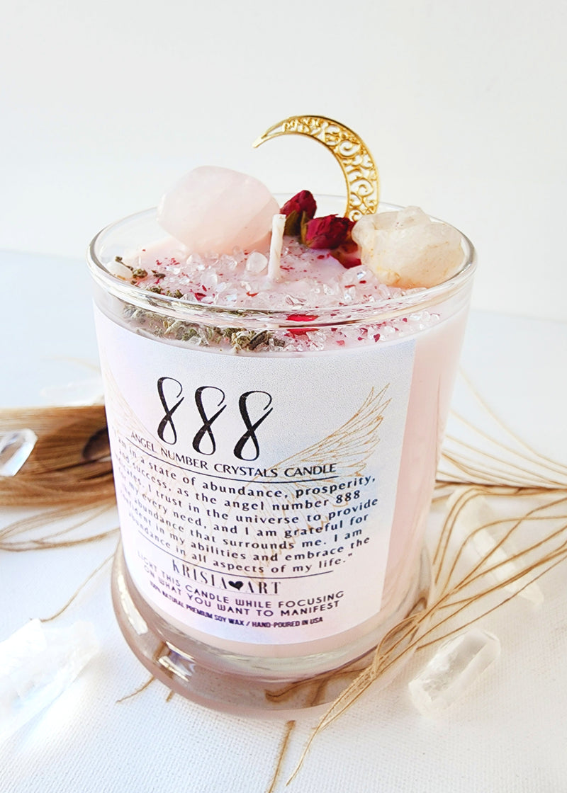 888 ANGEL NUMBER CANDLE with crystals & angel message