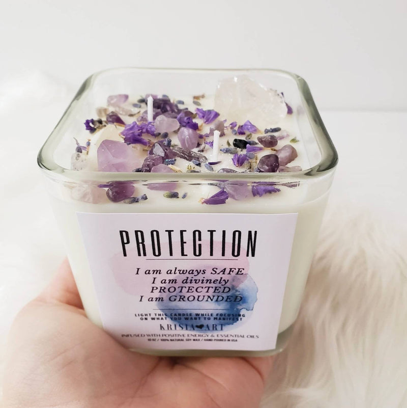 PROTECTION candle for negative energy removal, cleansing and EMF protection with Amethyst and Clear Quartz