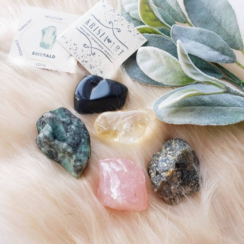 NEW HOME crystal set for peace, blessing, protection, new beginnings, housewarming. Emerald, Labradorite, Black obsidian, Rose quartz, Citrine