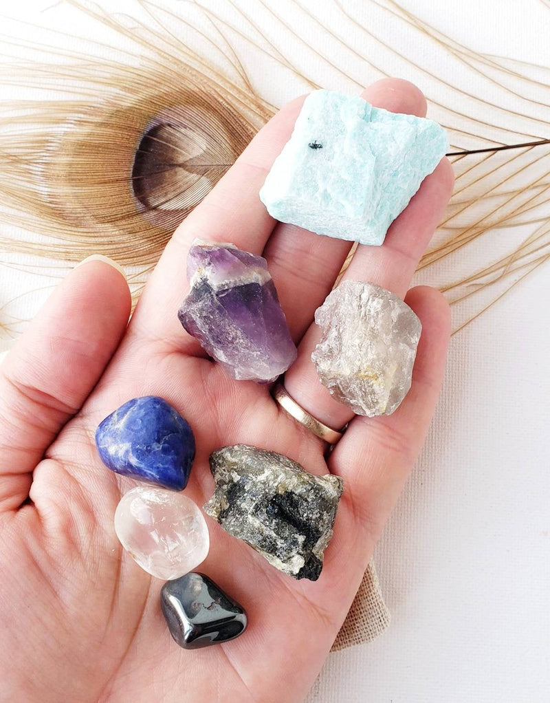 MERCURY RETROGRADE crystals set for protection during retrograde period. Sodalite, Labradorite, Smoky quartz, Amazonite, Hematite, Amethyst, Clear quartz