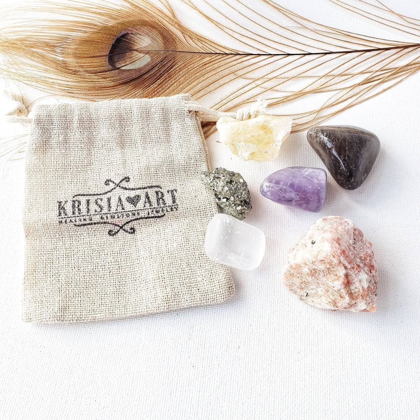 CAREER SUCCESS & Workplace crystal set for promotion and finding your dream job. Amethyst, Citrine, Smoky quartz, Pyrite, Sunstone, Selenite